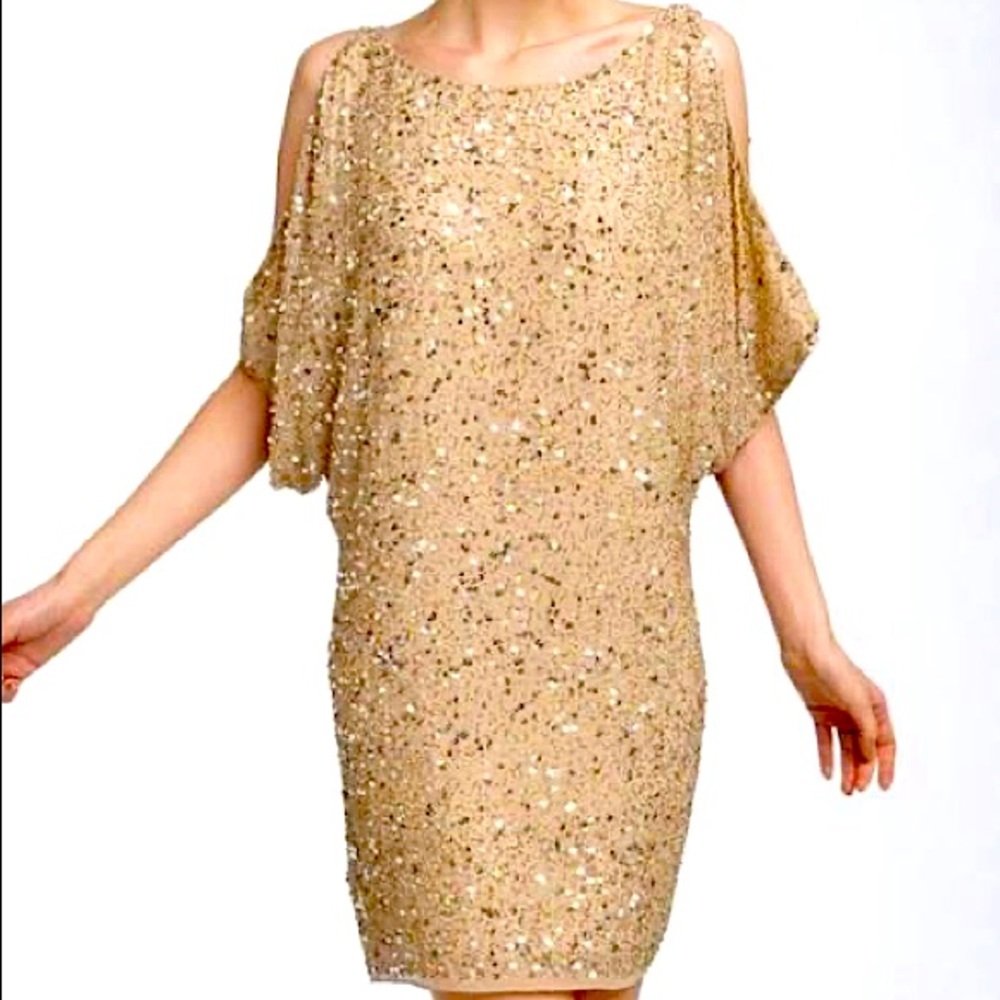 AIDAN MATTOX Gold Sequin Beaded Silk Split Sleeve Cocktail Dress NWT Size 4